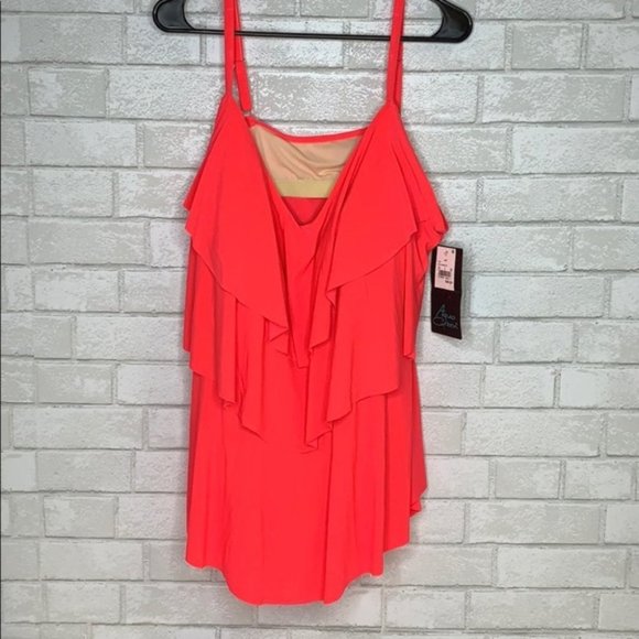 Aqua Green Tiered Tankini Top, Neon Coral - Picture 4 of 8